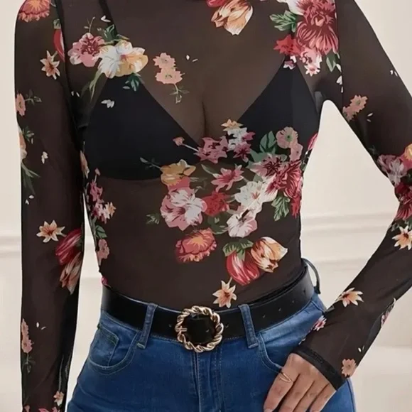 Floral mesh long sleeve top womens - Picture 4 of 8